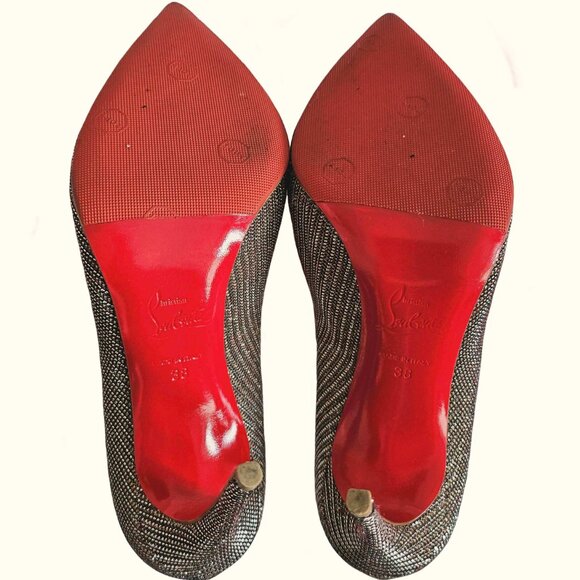 CHRISTIAN LOUBOUTIN METALLIC GLITTER NUDE DECOLTISH 85 NAPPA HEELS (38) - Picture 9 of 11